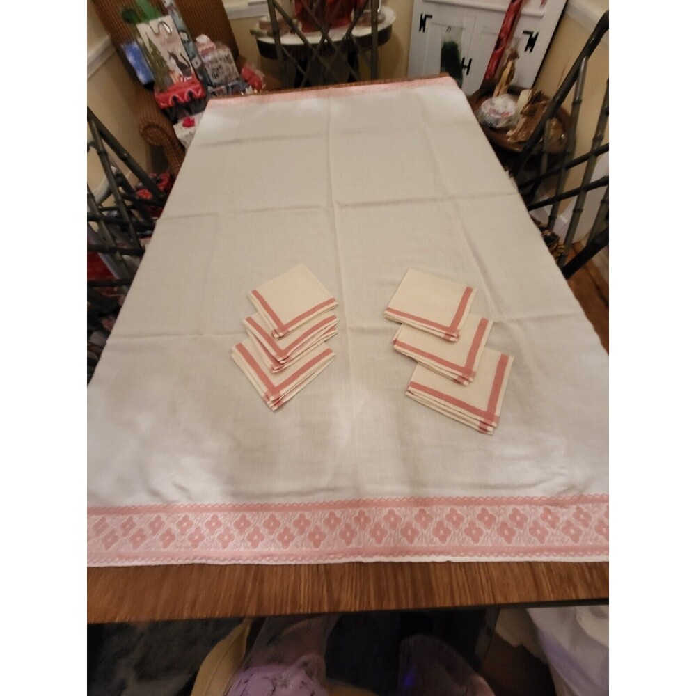 Vintage Off White Embroidered Edge Tablecloth & 5 Napkins Pink Border Design